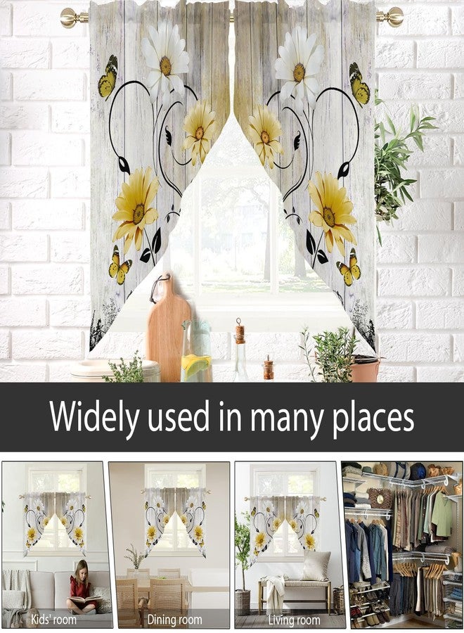 AAtter Yellow Floral Kitchen Valance Curtain for Window Flower Retro Rustic White Country Spring Daisy Butterfly Small Short Home Living Room Bedroom Bathroom Drape Fabric 1 Pair, 28" W x 36" L, Cute - Image 5